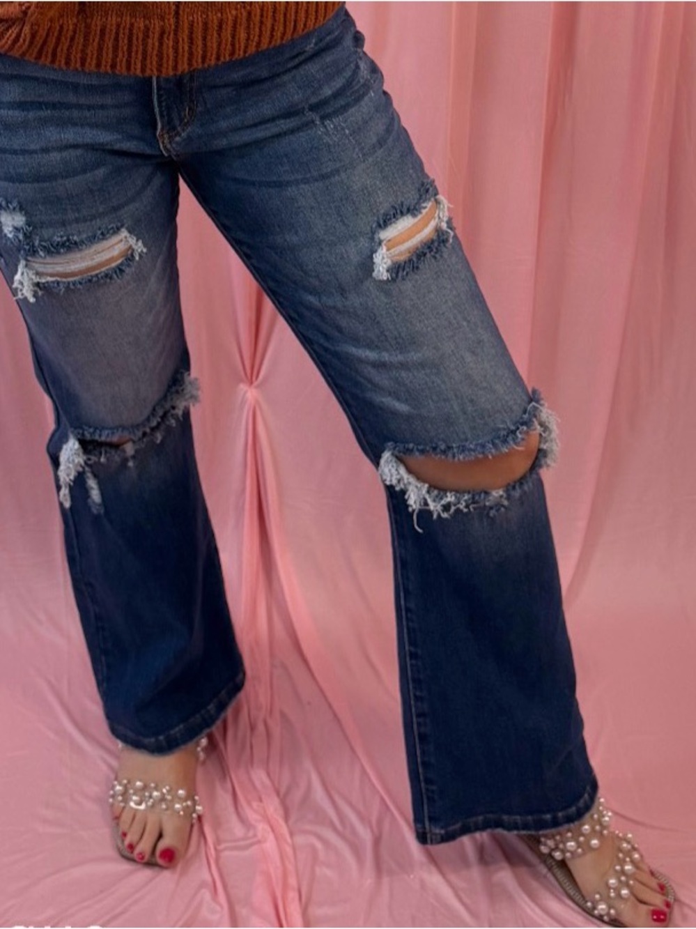 Blakely Women's Distressed Wide-Leg Jeans - Dark Blue